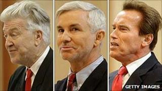 David Lynch, Baz Luhrmann and Arnold Schwarzenegger at the funeral of Dino De Laurentiis