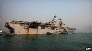 The USS Essex sits berthed in Hong Kong