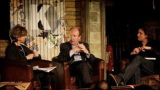 From left, Olivia O'Leary Author and Journalist, Shane Ross Independent University of Dublin Senator, and Nick Webb Author and Journalist take to stage as part of the Kilkenomics Festival