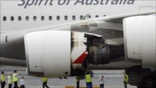 Damaged engine on a Qantas A380 Airbus at Changi airport, Singapore (4 Nov 2010)