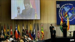 President Evo Morales addressing the conference of defence ministers of the Americas in Santa Cruz, Bolivia.