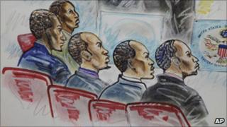 The five piracy suspects in a court illustration