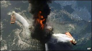 the Deepwater Horizon oil rig burning after an explosion in the Gulf of Mexico