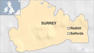 Map showing the location of the raid in Salfords, Surrey