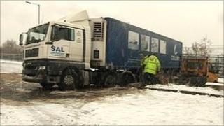 Jack-knifed lorry in Sheffield