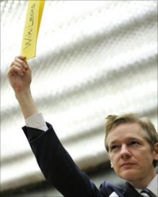 Джулиан Ассанж держит лист бумаги со словами Wikileaks