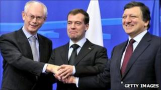 From left: European Union President Herman van Rompuy, Russian President Dmitry Medvedev, European Commission President Jose Manuel Barroso