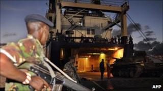 Ukrainian freight ship Faina being unloaded in Mombasa, 14 February 2009