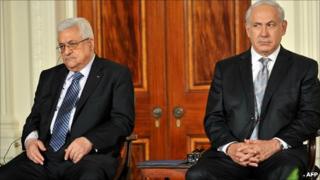 Mahmoud Abbas and Benjamin Netanyahu at the White House on 1 September 2010