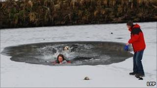 Woman in icy water in Clitheroe