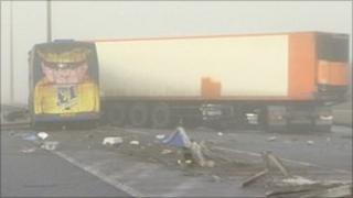 Coach and lorry at crash scene