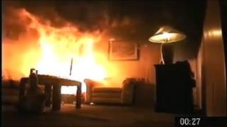A living room on fire