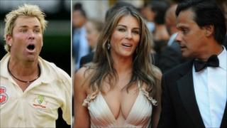 Australian cricketer Shane Warne (L) and British actress Liz Hurley () posing next to her husband Arun Nayar as they arrive at La Fenice Theatre in Venice on August 28, 2008