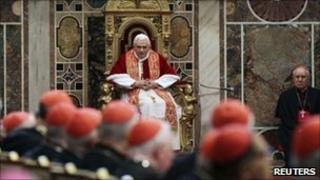 Pope Benedict during the traditional exchange of Christmas greetings to the Curia at the Vatican, 20 December 2010
