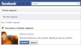 A mock-up of a 'family request' on Facebook