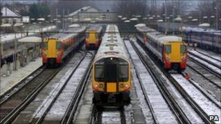 Trains parked at Clapham Junction station in London
