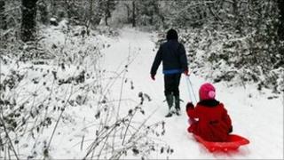 A boy pulling a girl on a sledge