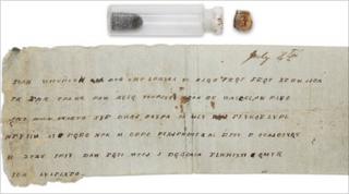 Civil War bottle with a message tucked inside, kept at the Museum of the Confederacy in Richmond, Virginia