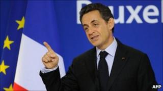 French President Nicolas Sarkozy speaking at the end of the EU summit, Brussels, 17 December 2010
