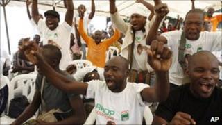 Mr Ouattara's supporters at the Golf Hotel in Abidjan