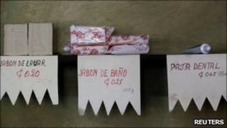Soap and toothpaste are displayed inside a subsidized market in Havana, Cuba