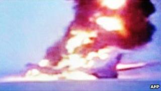 A Russian TV grab taken on January 1, of the wreckage of the Tu-154 aircraft at an airport in Surgut