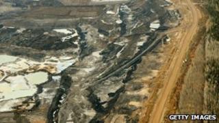 An aerial view of the oil sands in Alberta Province
