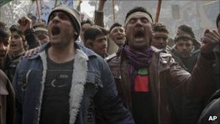 Afghan demonstrators shout anti-Iran slogans during a protest in Kabul, Afghanistan on Friday, Jan. 7, 2011.