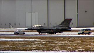 F16 jet on runway at Prestwick
