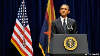 Barack Obama speaks at the McKale Memorial Center in Tucson (12 January 2011)