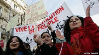 Tunisians protest on the streets of Paris. 15 Jan 2011