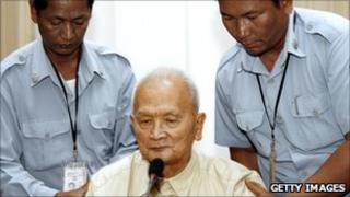 Former Khmer Rouge leader Nuon Chea at the Extraordinary Chambers in the Court of Cambodia (ECCC) in Phnom Penh on 20 March 2008