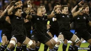 New Zealand All Blacks players perform the haka before a rugby match (November 2010)