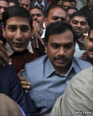 Andimuthu Raja (centre) leaves CBI headquarters in Delhi for court on February 3, 2011