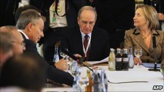 Hillary Clinton, right, US Mid-East envoy George Mitchell, centre, and Tony Blair at a Quartet meeting in Munich. 5 Feb 2011