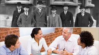 Men from 1926 and a more informally dressed group of workers