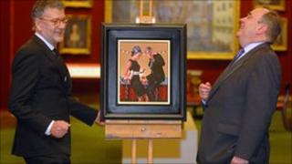 Jack Vettriano and Alex Salmond with the painting used on the Christmas card