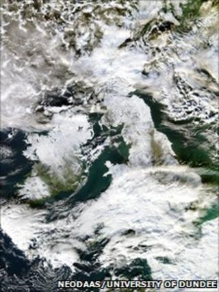 Satellite image of snow over the UK