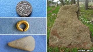 Artefacts (clockwise left to right): Neolithic stone axe head; Bronze Age penannular gold ring; post-Medieval seal matrix; Pictish carved stone from Strath of Kildonan