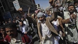 Anti-government demonstrators in Sanaa, Yemen - 18 February 2011