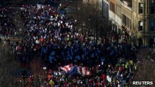Protesters gather in Madison, Wisconsin, 19 February