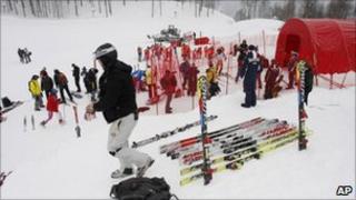 Skiers prepare their equipment for Europa Cup races at the newly built Rosa Khutor ski resort in Krasnaya Polyana, southern Russia, 17 Feb 2011