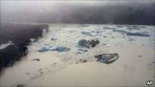 Several of the icebergs that calved into Tasman Lake, NZ 22 Feb 2011