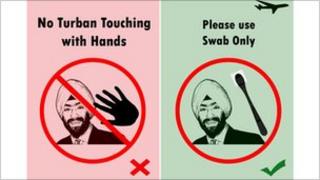 Poster with picture of Sikh saying no to hand checks, and yes to swab checks
