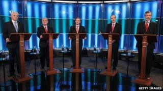 (L-R) John Gormley of the Green Party, Eamon Gilmore of Labour, Enda Kenny of Fine Gael, Micheal Martin of Fianna Fail and Gerry Adams of Sinn Fein