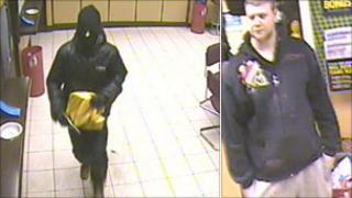 Composite picture showing the armed robbery suspect (l) and a man who was seen in the bookmakers earlier in the day police want to speak to in connection with the incident
