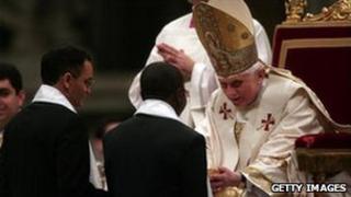 Pope Benedict blesses Magdi Allam (left) after his baptism, 22 March 2008