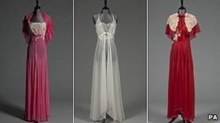 A pink chiffon nightdress and matching capelet, an ivory chiffon nightdress and a scarlet chiffon nightdress with capelet and full length cape.