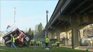 lorry off merthyr crashes flyover collision car after plunged carriageway landed grass caption below