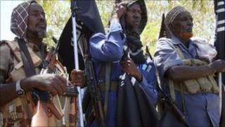 Elderly Somali men parade as members of al-Shabab in the Somali capital Mogadishu.